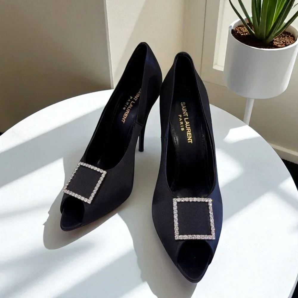 NIB Authentic Saint Laurent Black Frankly 115 Satin Peep Pump Sandals - Picture 11 of 16